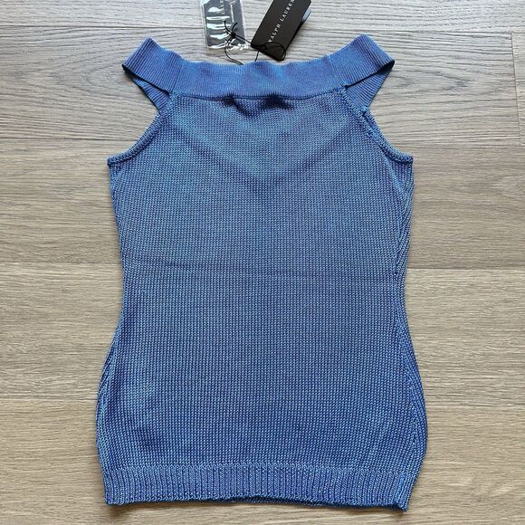Ralph Lauren Black Label Top Women Small Blue Silk Cold Shoulder - Picture 2 of 9